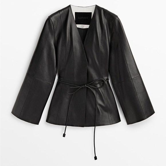 NWT. Massimo Dutti Limited Edition Black Leather Jacket With Drawstring Size XS. - Picture 6 of 13